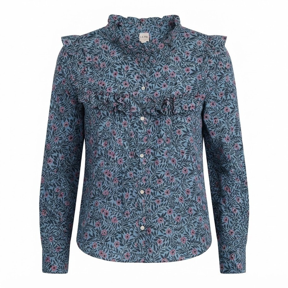 La Vie Rebecca Taylor Blue Floral Ruffle Victorian Button Down Shirt Large - CJ